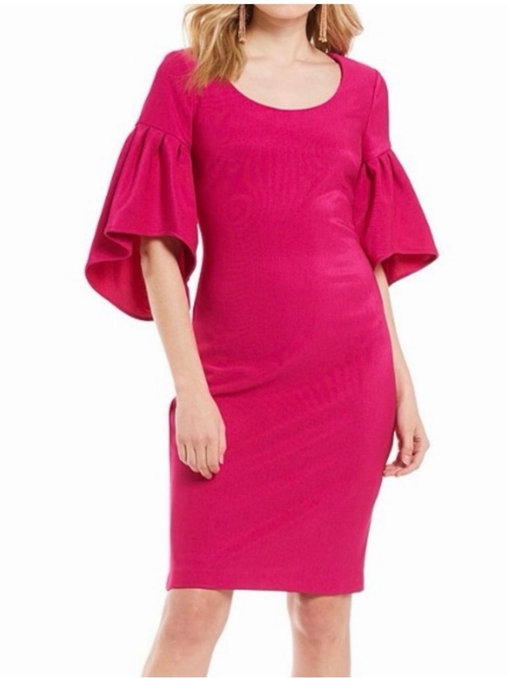 Belle Badgley Mischa Bright Fuchsia Pink Ruffle Sleeve Shift Dress